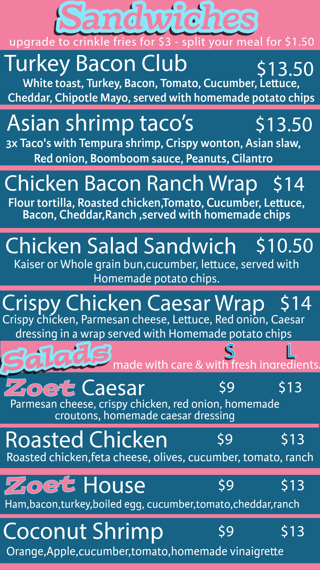 Sandwich menu July 2026
